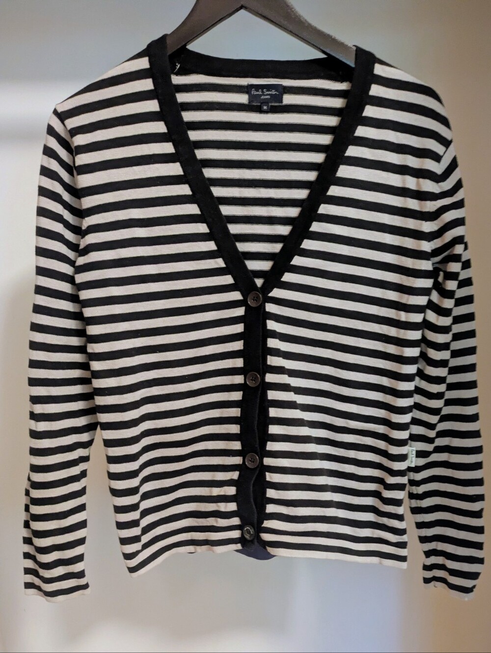Paul Smith Jeans Black and Cream Striped V-neck Cardigan Sweater Size Medium